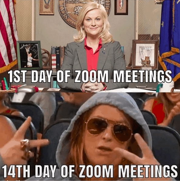 Funny meme showing a woman in a work suite sitting at a professional desk with the words - 1st day of zoom meetings. Below she is now in sweat suit, flashing peace signs and sunglasses in a movie theatre seat. below it says 14th day of zoom meetings
