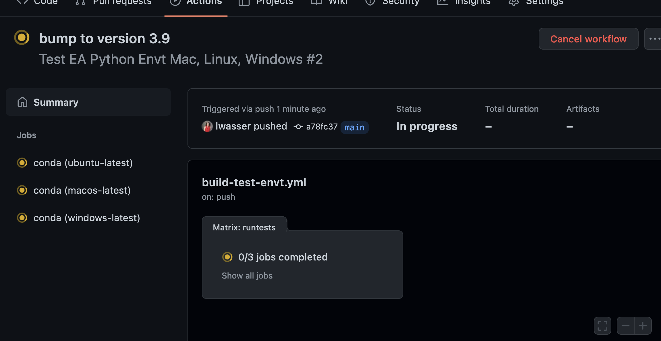 An image showing the GitHub action page when a job is initially kicked off