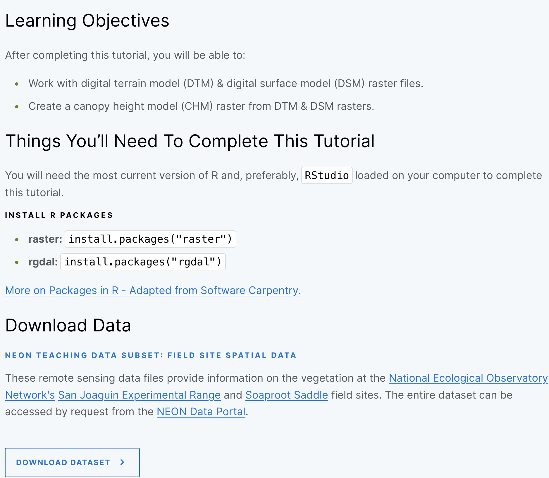 Image showing the learning goals and data information at the top of each NEON data lesson.