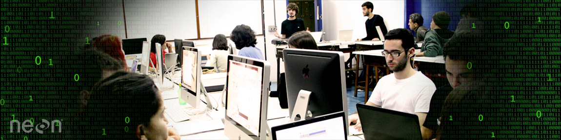 Image showing a bunch 
  of people working at the computer with the NEON logo (in a NEON workshop).