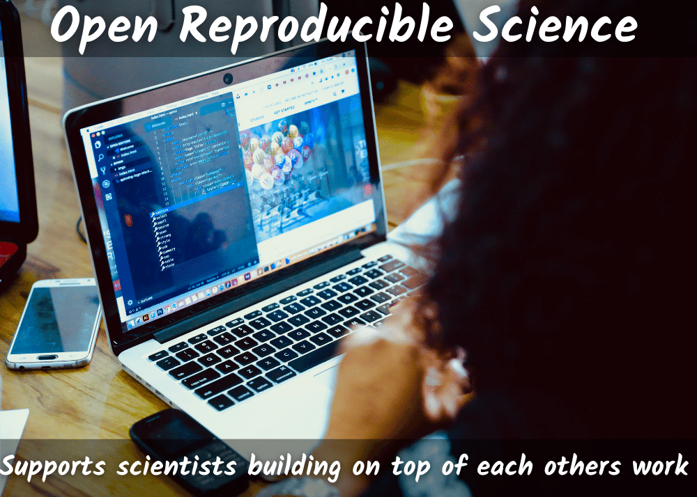 Banner with green leaves in the background that says Open Reproducible science allows scientists to build upon each others work.